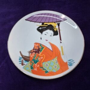 Vintage Geisha Dish Plate Japanese Porcelain Kimono And Parasol